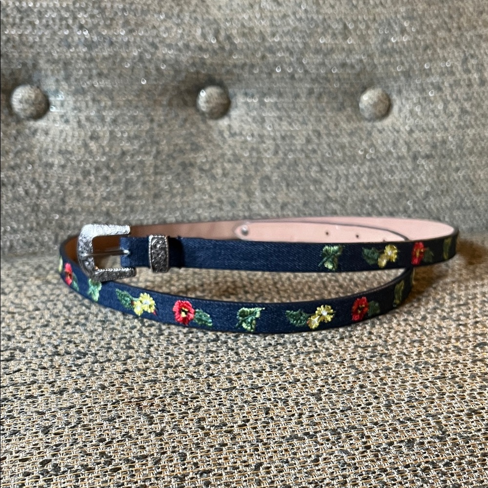 Denim Floral Embroidered Belt - Blue and Multicolor 43”